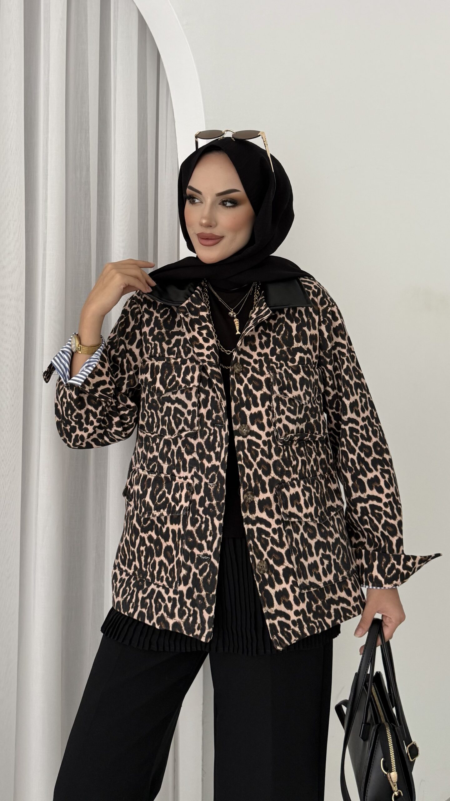 Muadil Leopar Desen Gabardin Mom Ceket |  
