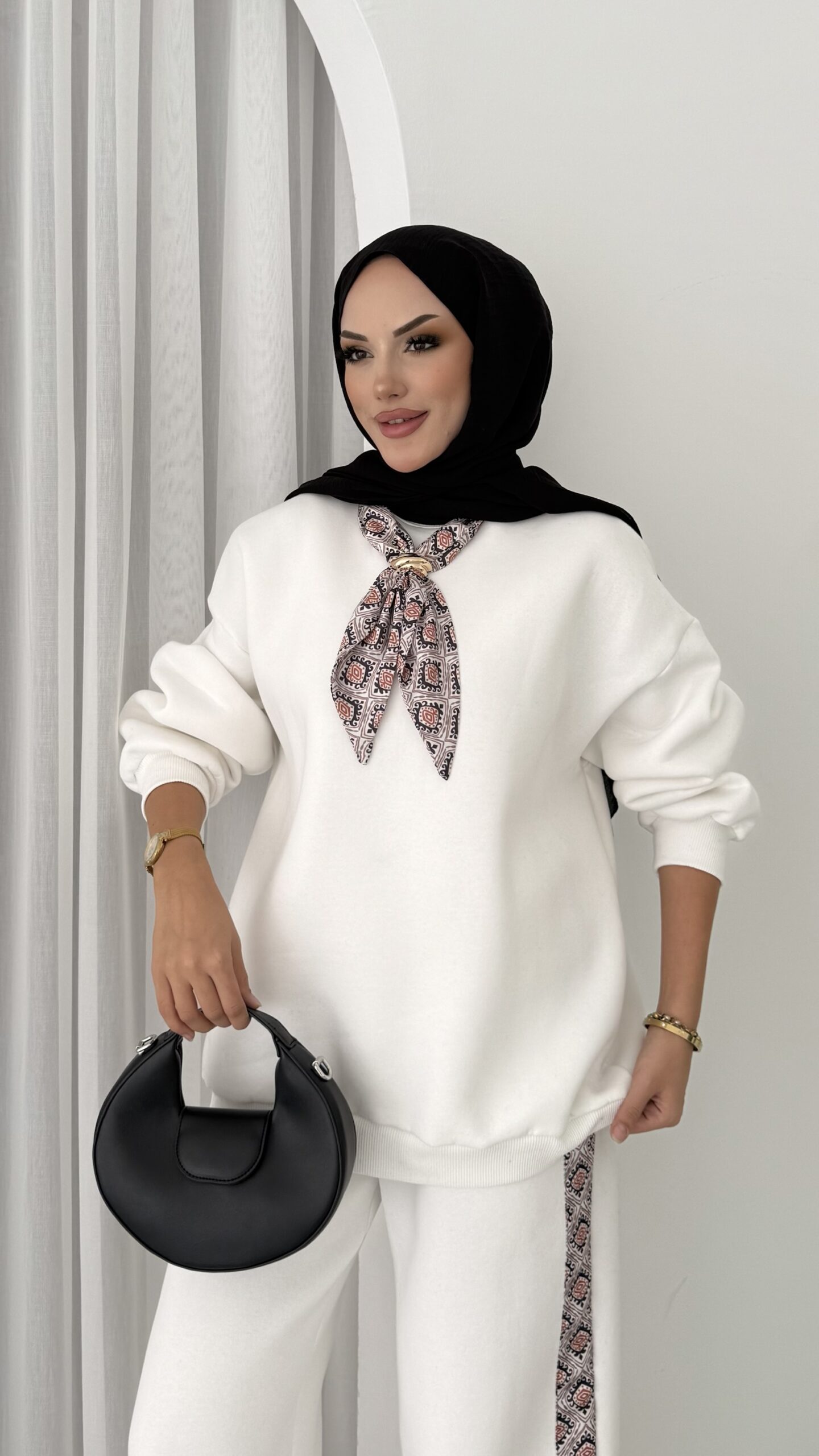 Fular Detaylı Şardonlu Sweat İkili Takım |  