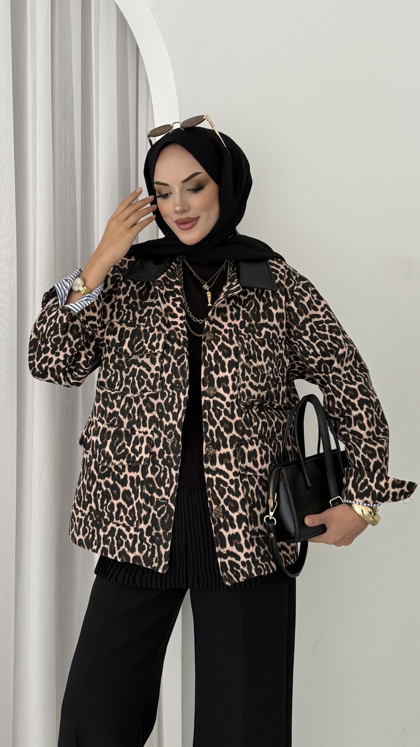 Muadil Leopar Desen Gabardin Mom Ceket |  
