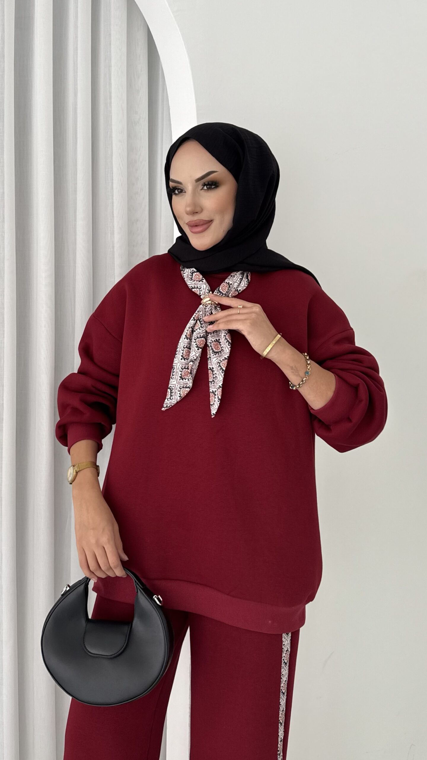 Fular Detaylı Şardonlu Sweat İkili Takım |  