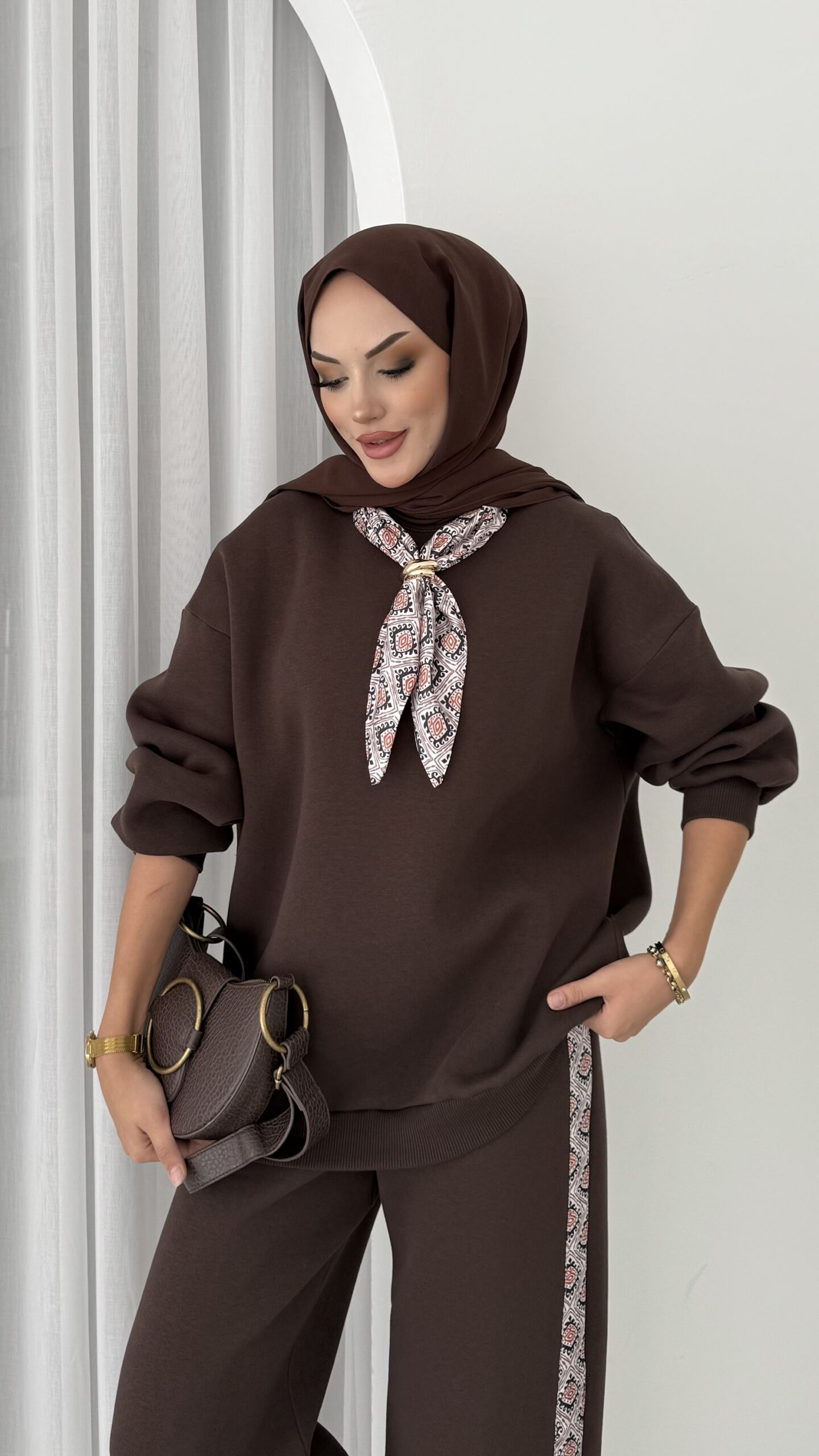 Fular Detaylı Şardonlu Sweat İkili Takım |  