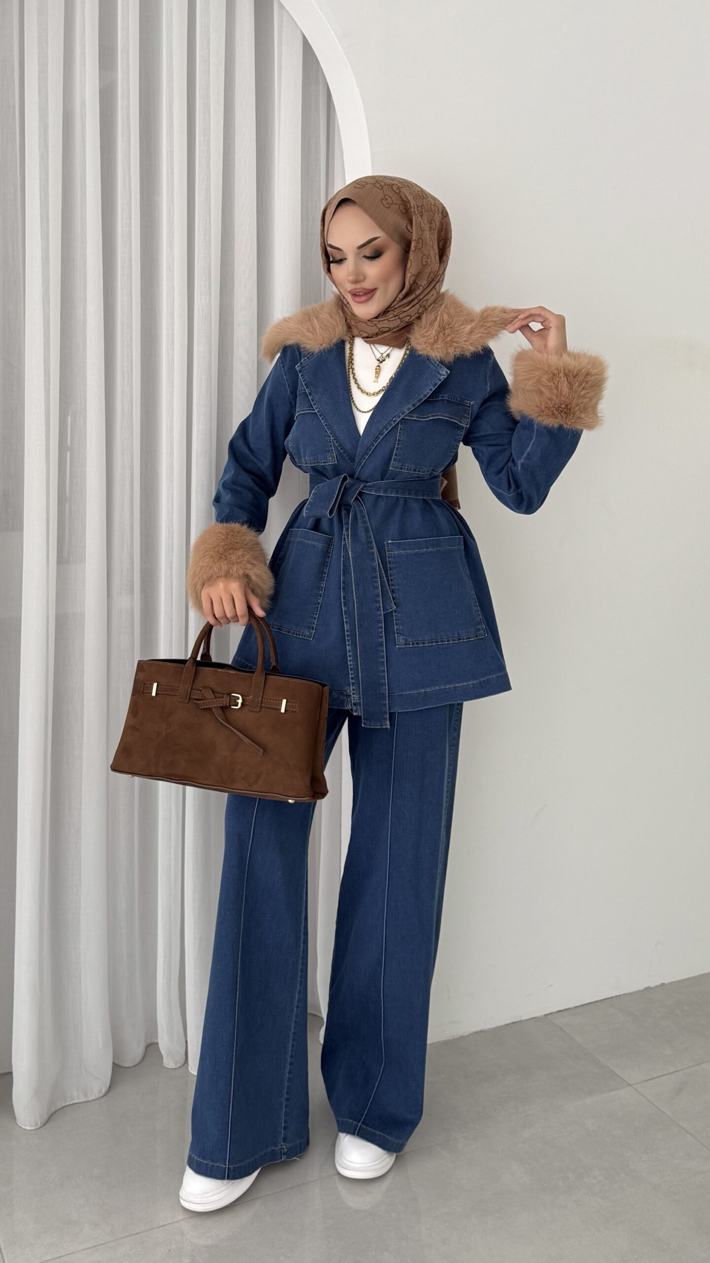 Luxury Kürklü Denim İkili Takım |  