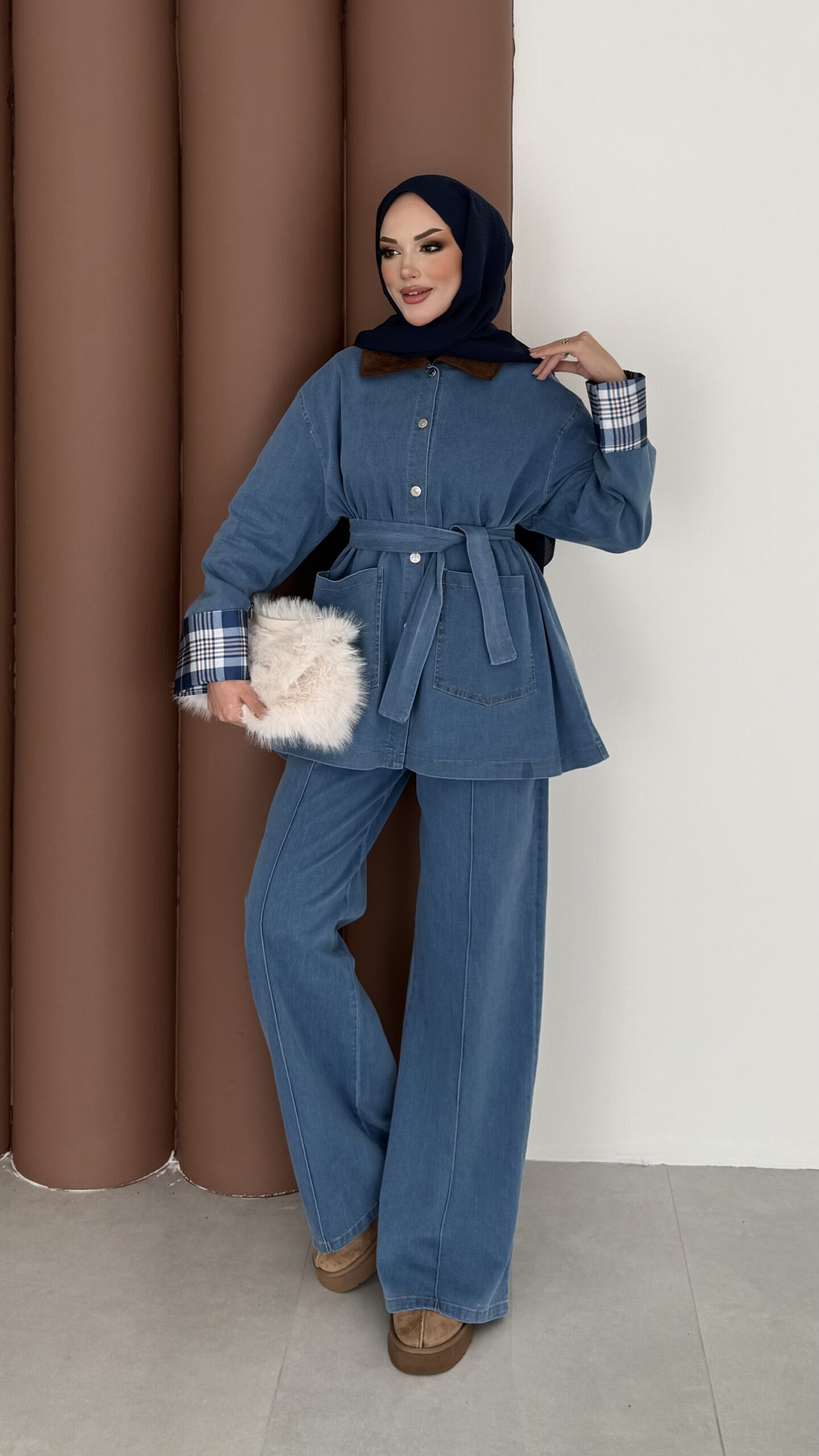 Ekose Desen Denim İkili Takım |  
