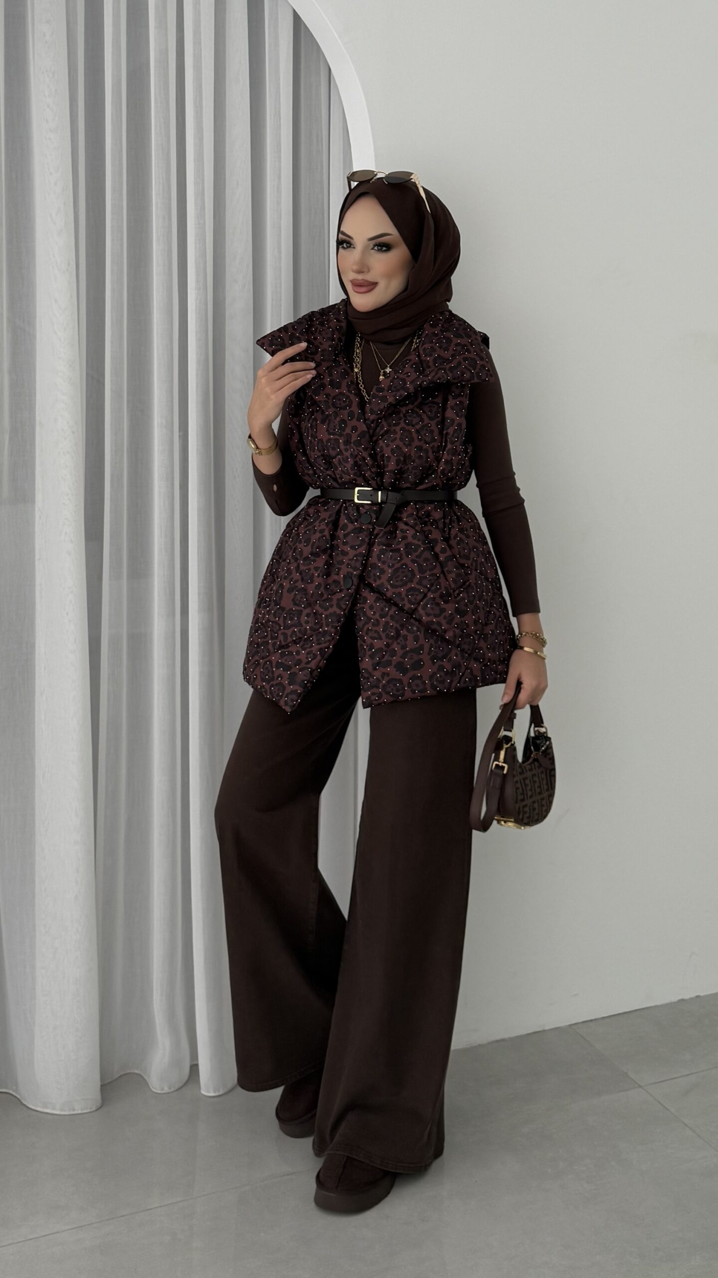 Shine Taşlı Leopar Yelek |  